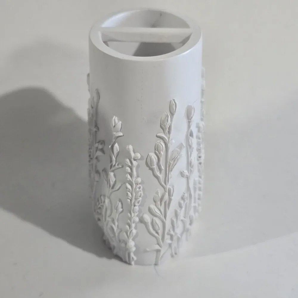 Toothbrush Holder - Ceramic Floral Embossed Bathroom Cup Unglazed - White Matte